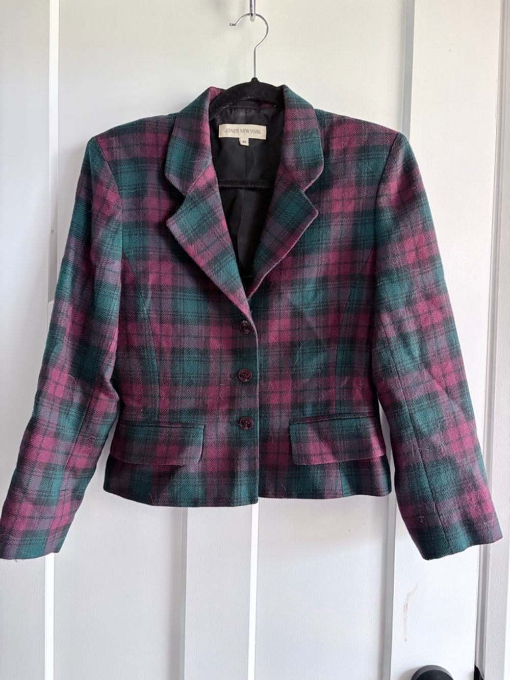 Jones New York Teal and Mauve Plaid Wool-Blend Blazer
